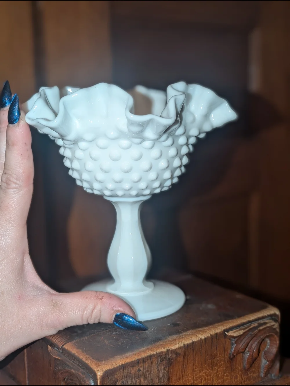 1970's Fenton Pedestal Hobnail Milk Glass Fluted Edge Candy Dish/ Bowl 6